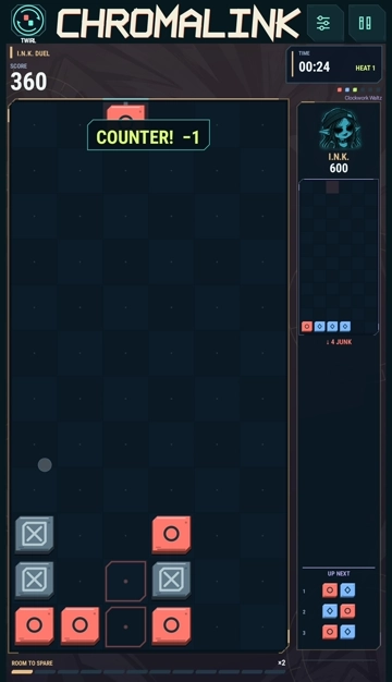 Animated Chromalink gameplay showing tile placements, matches and the Twirl control at the top left