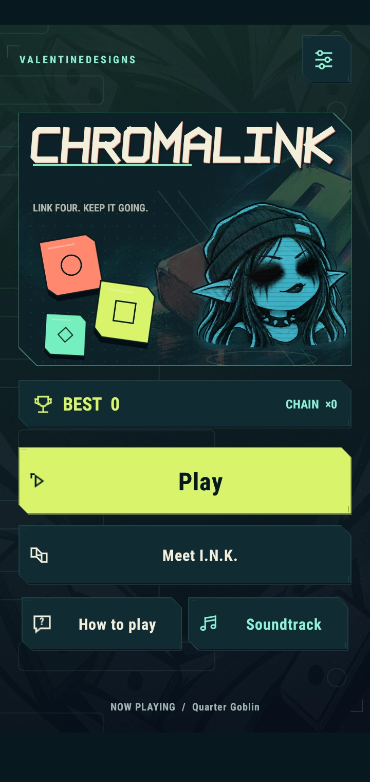 Chromalink Android start screen featuring its holographic companion I.N.K., colour tiles and play menu